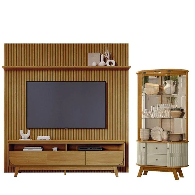 Estante Home Theater Com Bancada Suspensa Luna Com Cristaleira Moss Cumaru - Madetec