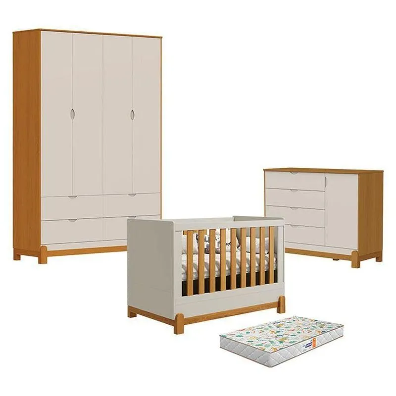 Quarto De Bebê Lótus Liso Areia Savana 4 Portas 4 Gavetas MDF 120cm Bege Reller Móveis