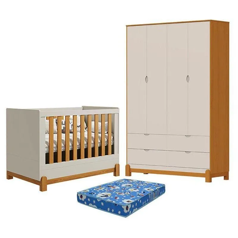 Berço Americano Lótus Liso Com Guarda Roupa 4 Portas MDF Colchão Incluso Reller Móveis
