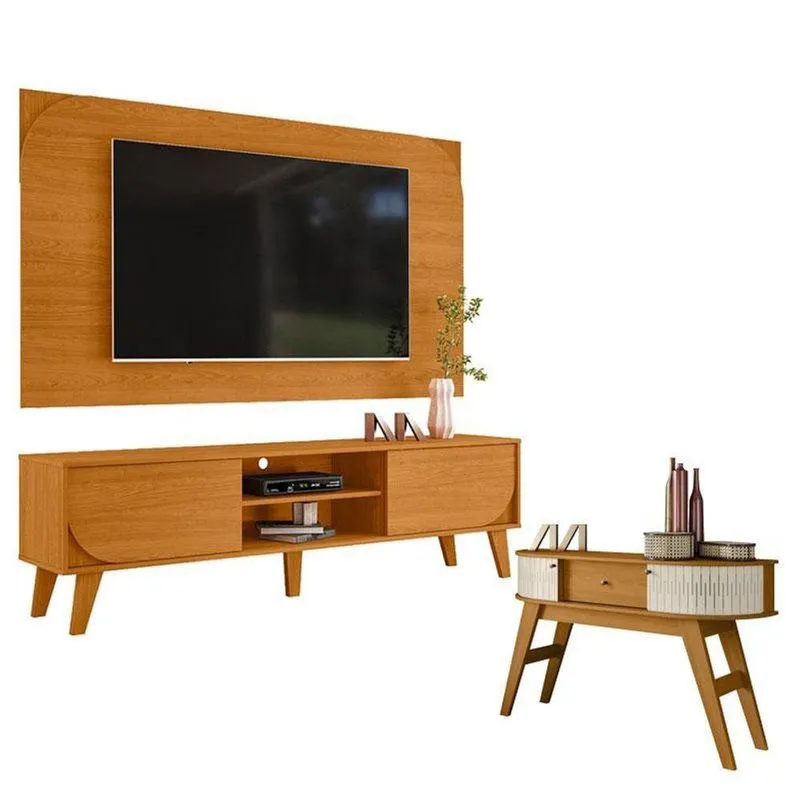 Rack Bancada E Painel Para Tv Duna Cinamomo Com Aparador Estoril Cinamomo Off White - Madetec