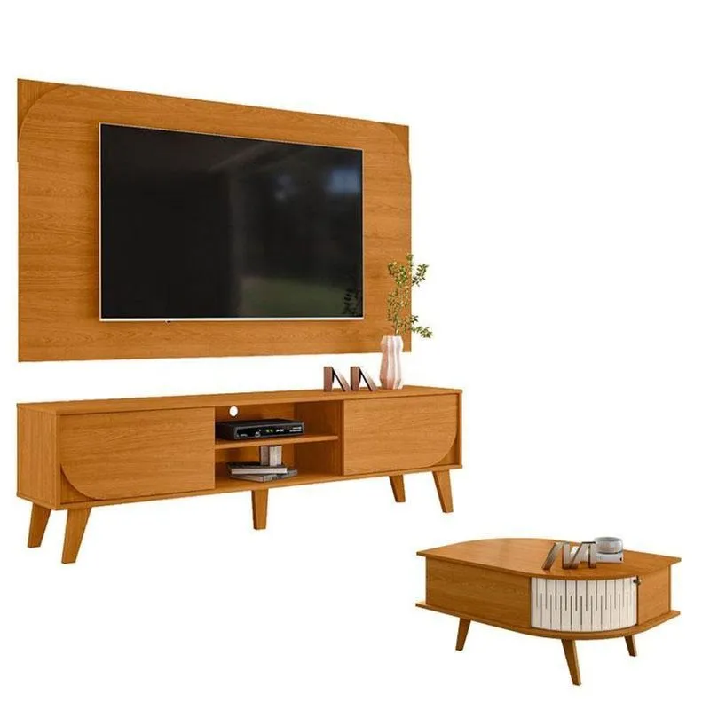 Rack Bancada E Painel Para Tv Duna Cinamomo Com Mesa De Centro Indianápolis Cinamomo Off White - Madetec