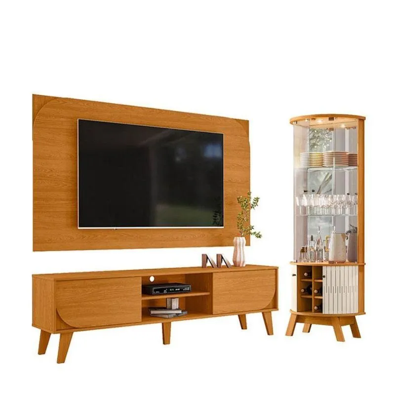Rack Bancada E Painel Para Tv Duna Cinamomo Com Cristaleira Marina Cinamomo Off White - Madetec