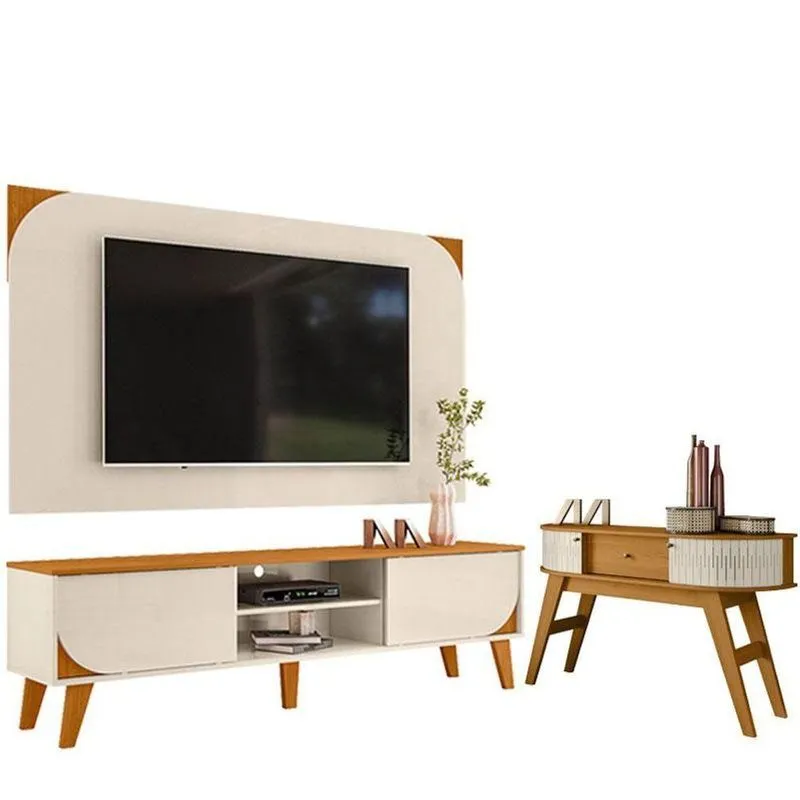 Rack Bancada E Painel Para Tv Duna Com Aparador Estoril Cinamomo Off White - Madetec