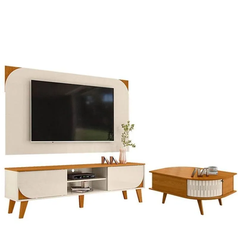 Rack Bancada E Painel Para Tv Duna Com Mesa De Centro Indianápolis Cinamomo Off White - Madetec