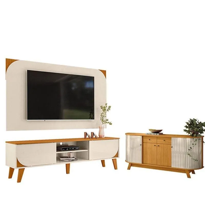 Rack Bancada E Painel Para Tv Duna Com Aparador Para Sala Buffet Mônaco Cinamomo Off White - Madetec