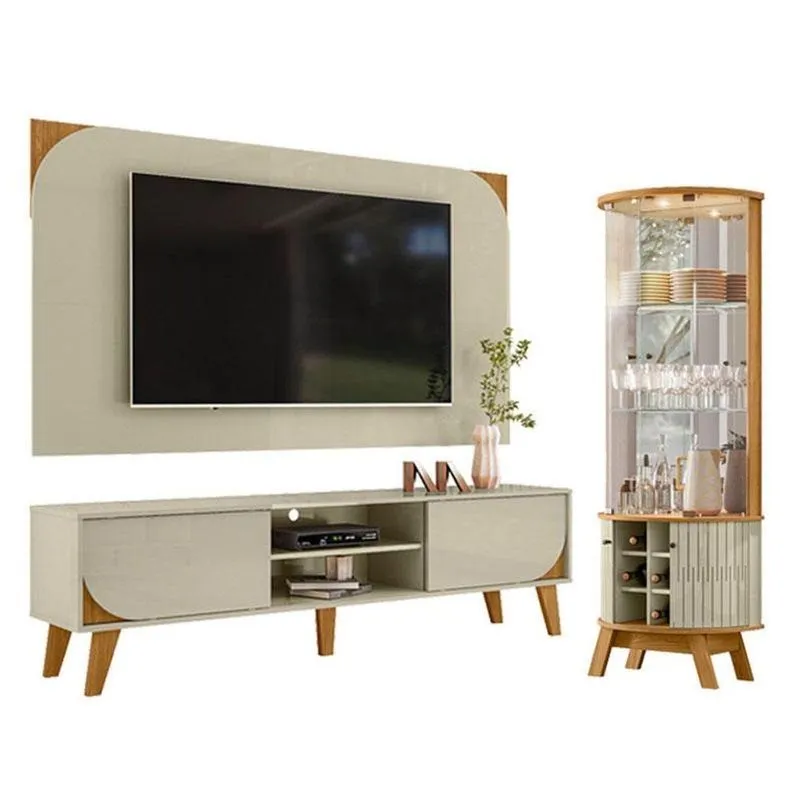 Rack Bancada E Painel Para Tv Duna Com Cristaleira Marina Cumaru Opala- Madetec