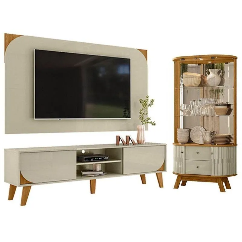 Rack Bancada E Painel Para Tv Duna Com Cristaleira Moss Cumaru Opala - Madetec