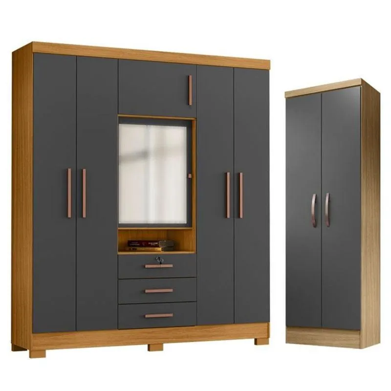 Guarda Roupa Casal Imperial E Armário Multiuso New Egito Carvalho Americano Grafite - Incorplac