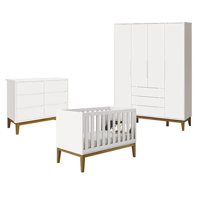 Berço Americano New Classic Com Cômoda Guarda Roupa Classic Elfe Branco Acetinado Com Pés Madeira