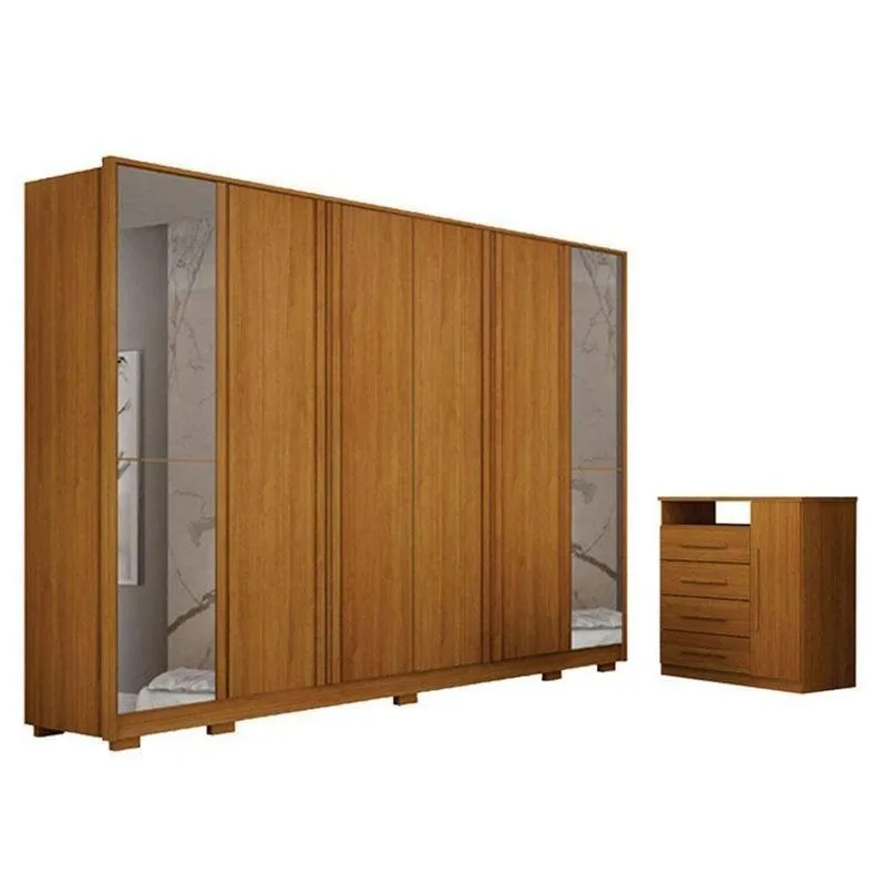 Guarda Roupa Casal Ares 6 Portas Com Espelho Cinamomo Com Cômoda Diamante 4 Gavetas 1 Porta Cinamomo - Leifer