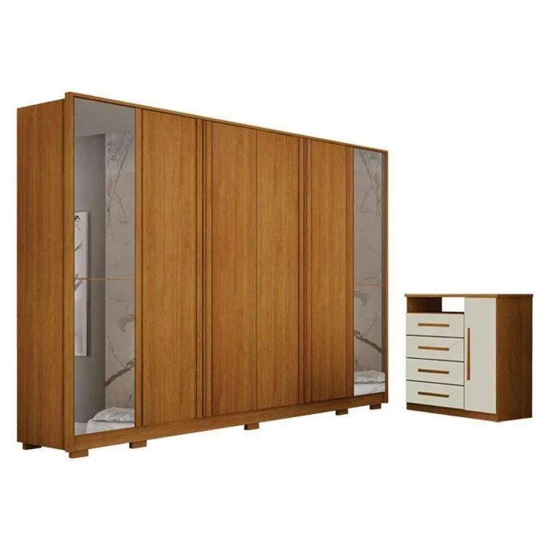 Guarda Roupa Casal Ares 6 Portas Com Espelho Cinamomo Com Cômoda Diamante 4 Gavetas 1 Porta Cinamomo Off-white - Leifer