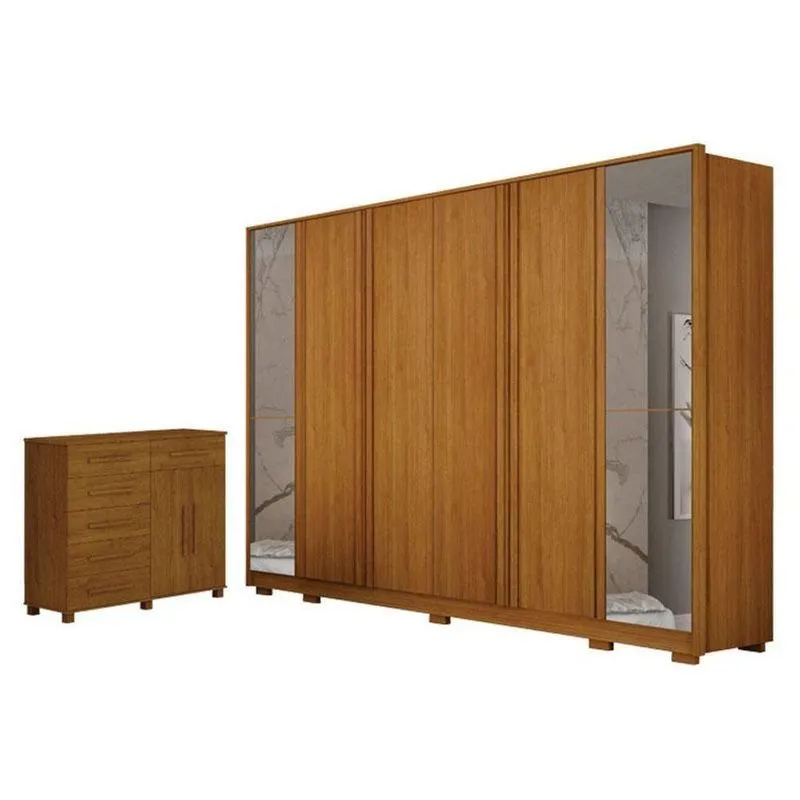 Guarda Roupa Casal Ares 6 Portas Com Espelho Cinamomo Com Cômoda São Paulo 6 Gavetas 2 Portas Cinamomo - Leifer