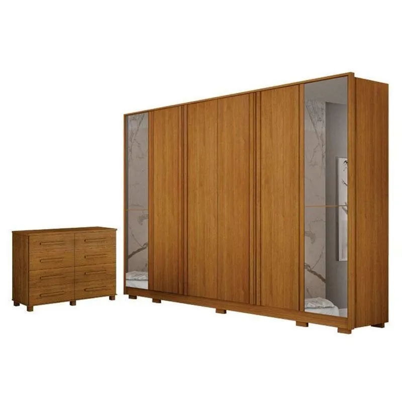 Guarda Roupa Casal Ares 6 Portas Com Espelho Cinamomo Com Cômoda San Marino 8 Gavetas Cinamomo Leifer