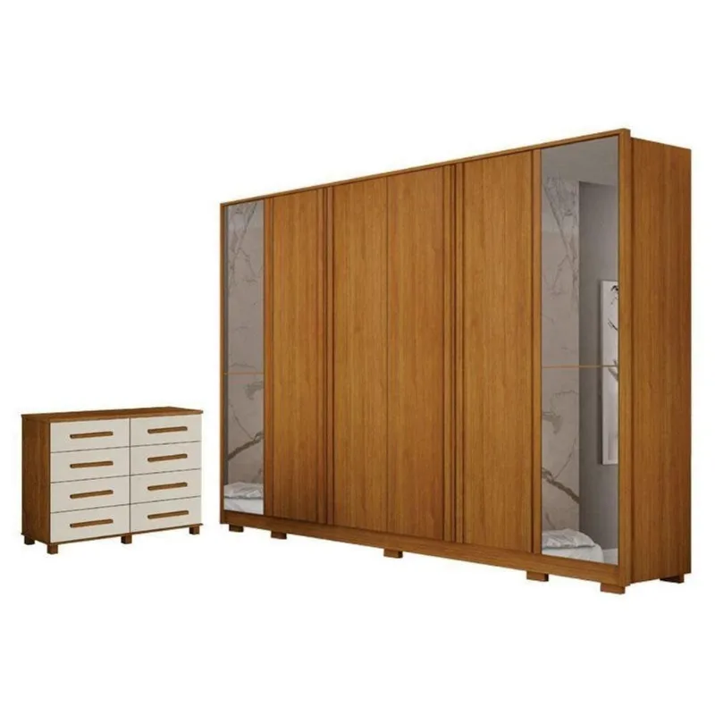 Guarda Roupa Casal Ares 6 Portas Com Espelho Cinamomo Com Cômoda San Marino 8 Gavetas Cinamomo Off-white - Leifer
