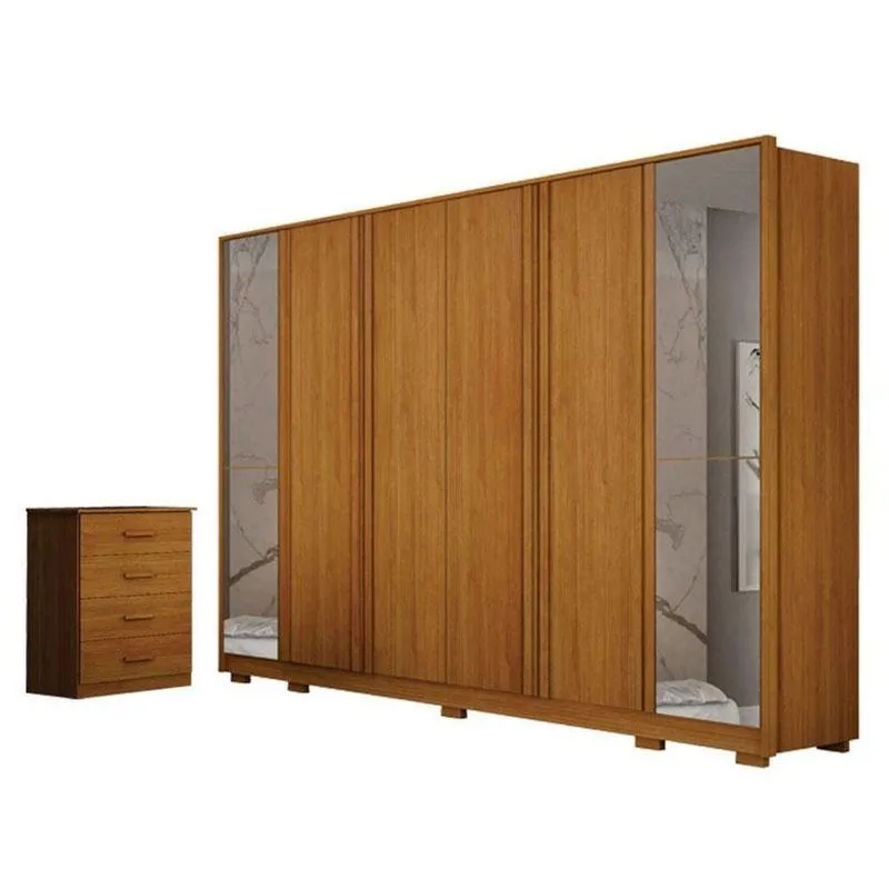 Guarda Roupa Casal Ares 6 Portas Com Espelho Cinamomo Com Cômoda Rubi 4 Gavetas Cinamomo - Leifer