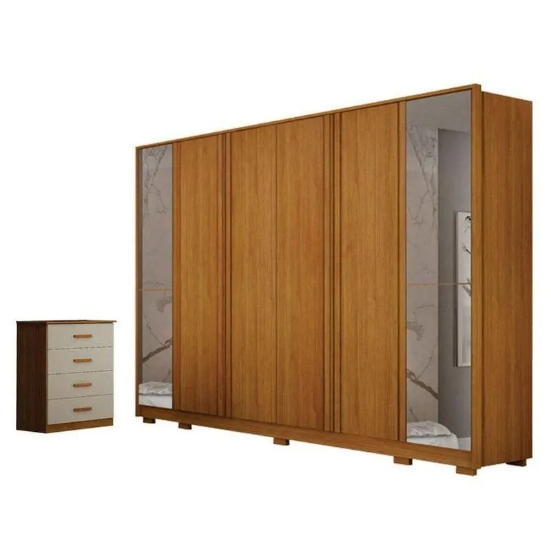 Guarda Roupa Casal Ares 6 Portas Com Espelho Cinamomo Com Cômoda Rubi 4 Gavetas Cinamomo Off-white - Leifer