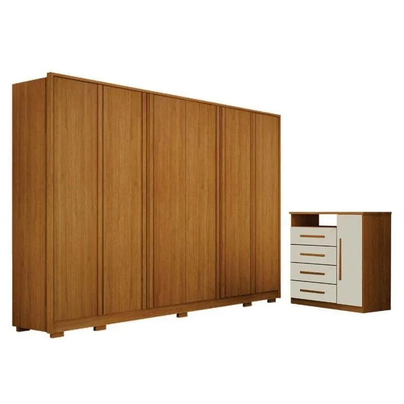 Guarda Roupa Casal Ares 6 Portas Cinamomo Com Cômoda Diamante 4 Gavetas 1 Porta Cinamomo Off-white - Leifer
