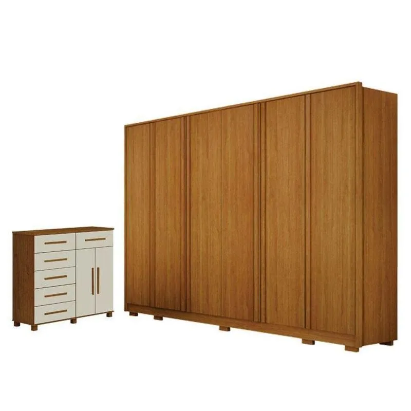 Guarda Roupa Casal Ares 6 Portas Cinamomo Com Cômoda São Paulo 6 Gavetas 2 Portas Cinamomo Off-white - Leifer