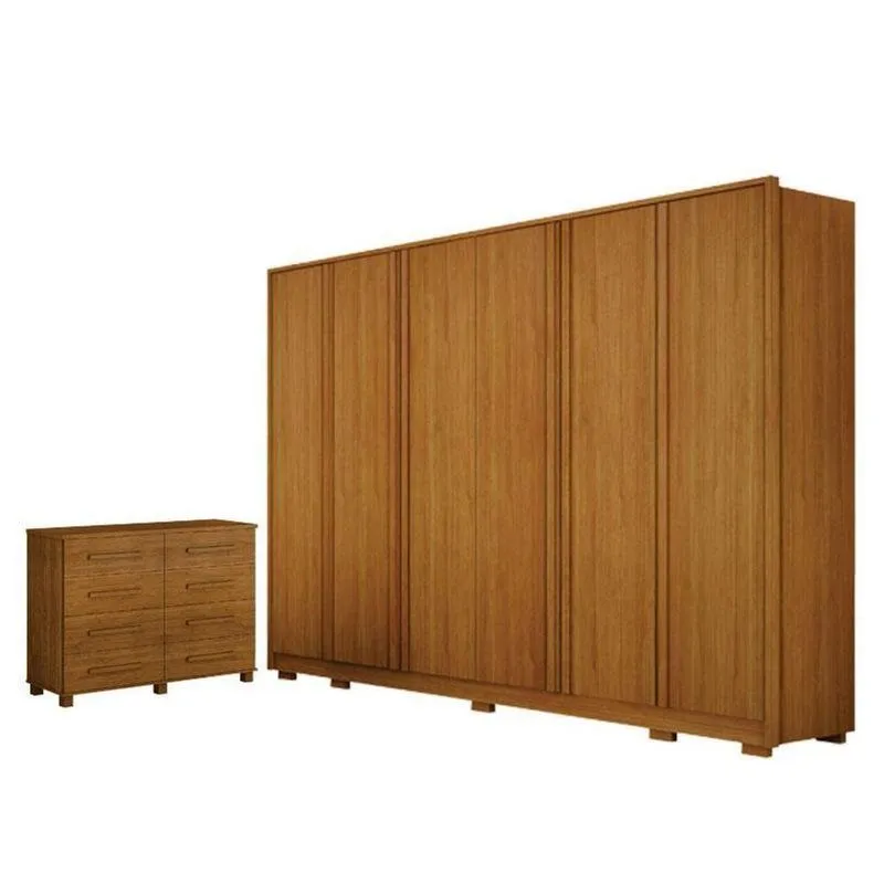 Guarda Roupa Casal Ares 6 Portas Cinamomo Com Cômoda San Marino 8 Gavetas Cinamomo Leifer