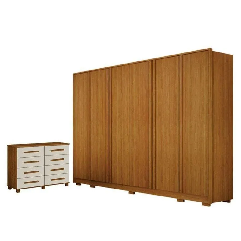 Guarda Roupa Casal Ares 6 Portas Cinamomo Com Cômoda San Marino 8 Gavetas Cinamomo Off-white - Leifer