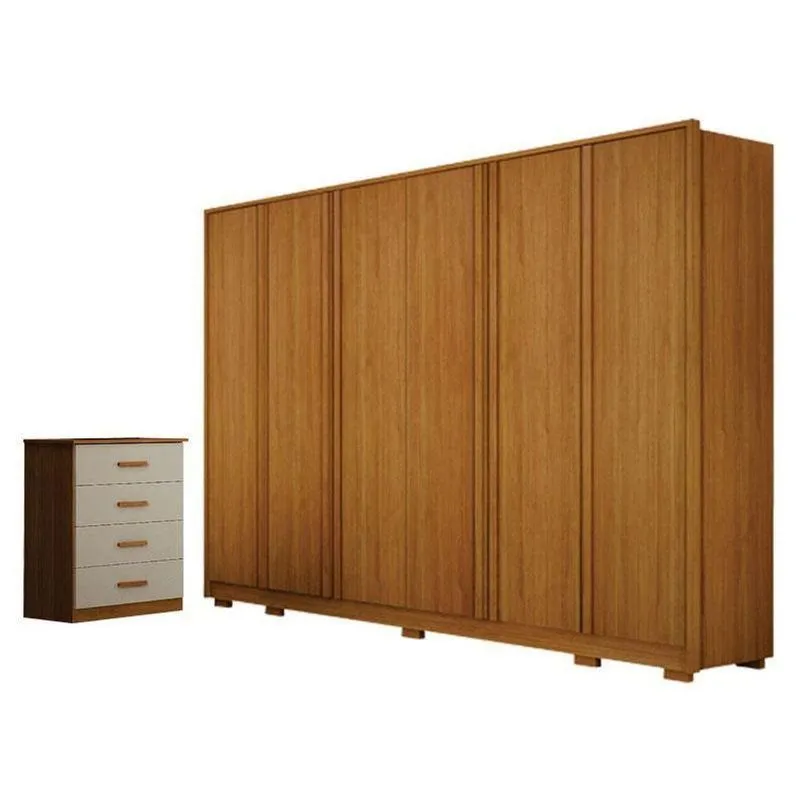Guarda Roupa Casal Ares 6 Portas Cinamomo Com Cômoda Rubi 4 Gavetas Cinamomo Off-white - Leifer