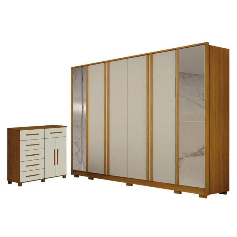 Guarda Roupa Casal Ares 6 Portas de Bater com Espelho 6 Gavetas MDP e MDF Cinamomo Off-white Leifer