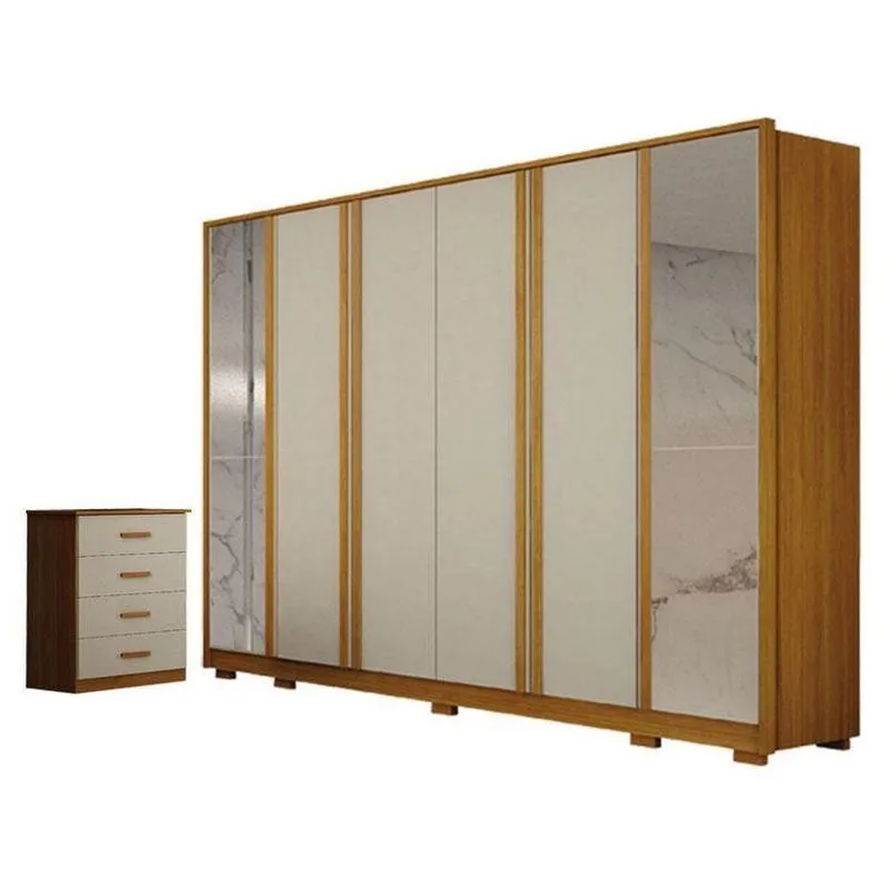 Guarda Roupa Casal Ares 6 Portas Com Espelho Cinamomo Off-white Com Cômoda Rubi 4 Gavetas Cinamomo Off-white - Leifer