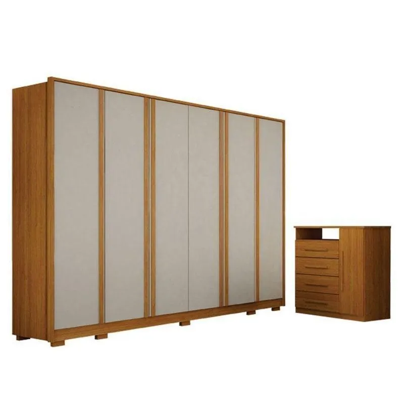 Guarda Roupa Casal Ares 6 Portas Cinamomo Off-white Com Cômoda Diamante 4 Gavetas 1 Porta Cinamomo - Leifer