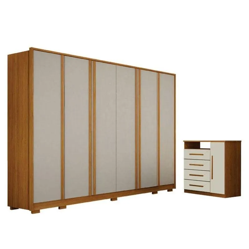 Guarda Roupa Casal Ares 6 Portas Cinamomo Off-white Com Cômoda Diamante 4 Gavetas 1 Porta Cinamomo Off-white - Leifer