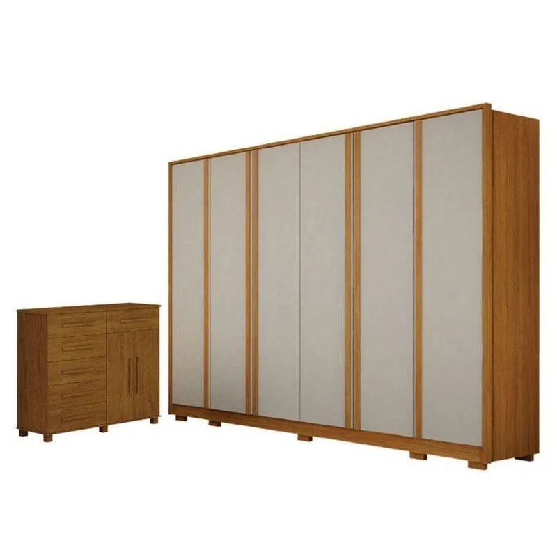 Guarda Roupa Casal Ares 6 Portas Cinamomo Off-white Com Cômoda São Paulo 6 Gavetas 2 Portas Cinamomo - Leifer