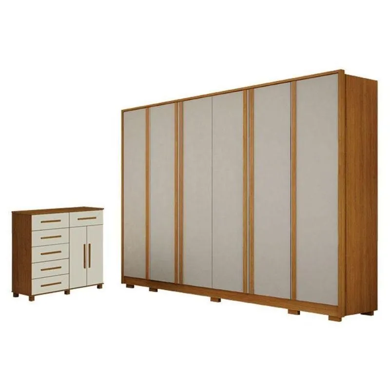 Guarda Roupa Casal Ares 6 Portas Cinamomo Off-white Com Cômoda São Paulo 6 Gavetas 2 Portas Cinamomo Off-white - Leifer