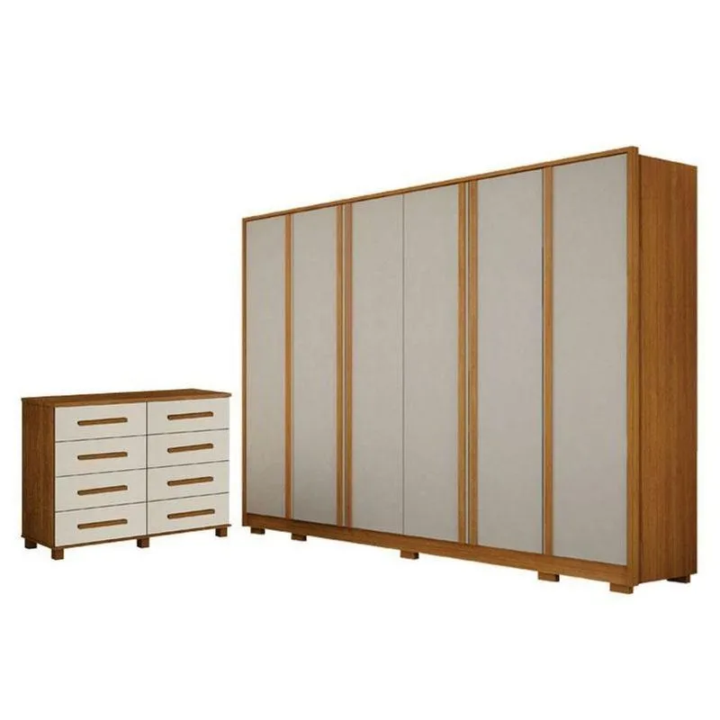 Guarda Roupa Casal Ares 6 Portas Cinamomo Off-white Com Cômoda San Marino 8 Gavetas Cinamomo Off-white - Leifer