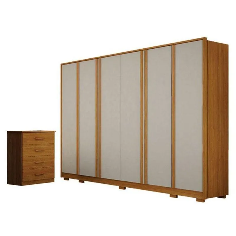 Guarda Roupa Casal Ares 6 Portas Cinamomo Off-white Com Cômoda Rubi 4 Gavetas Cinamomo - Leifer