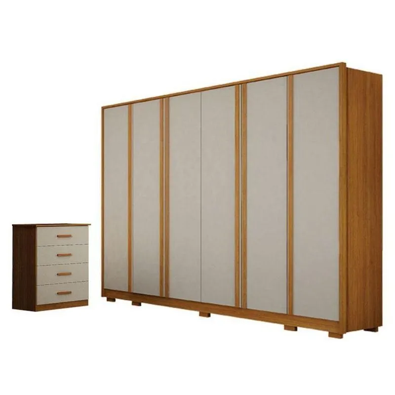 Guarda Roupa Casal Ares 6 Portas Cinamomo Off-white Com Cômoda Rubi 4 Gavetas Cinamomo Off-white - Leifer