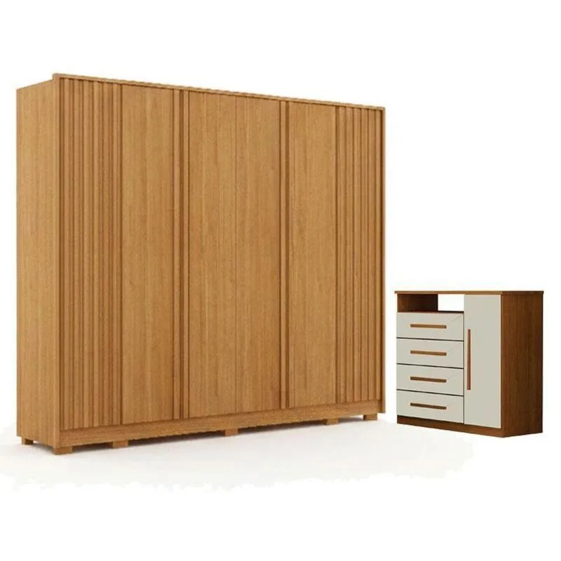 Guarda Roupa Casal Evo 6 Portas Cinamomo Com Cômoda Diamante 4 Gavetas 1 Porta Cinamomo Off-white - Leifer