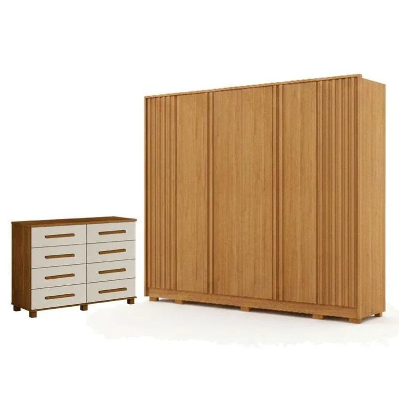 Guarda Roupa Casal Evo 6 Portas Cinamomo Com Cômoda San Marino 8 Gavetas Cinamomo Off-white Leifer