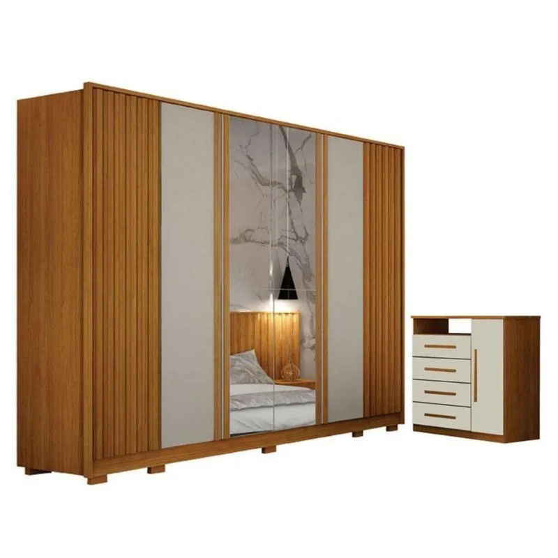 Guarda Roupa Casal Evo 6 Portas de Bater com Espelho 6 Gavetas MDF-MDP Cinamomo Off-white