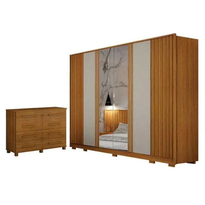 Guarda Roupa Casal Evo 6 Portas Com Espelho Cinamomo E Off-white Com Cômoda San Marino 8 Gavetas Cinamomo - Leifer