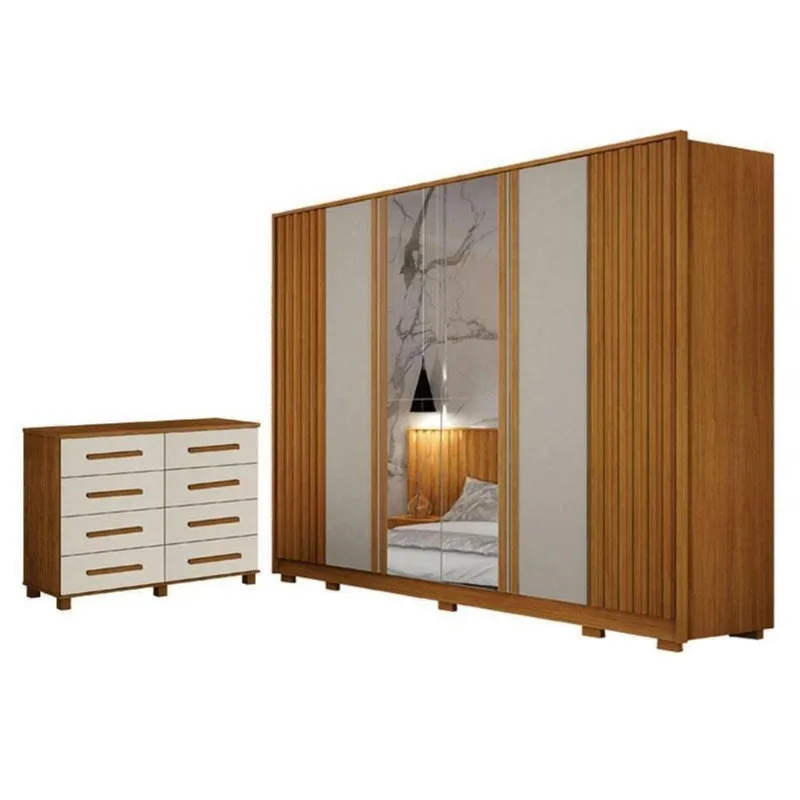 Guarda Roupa Casal Evo 6 Portas de Bater com Espelho 8 Gavetas MDF MDP Cinamomo Off-white Leifer