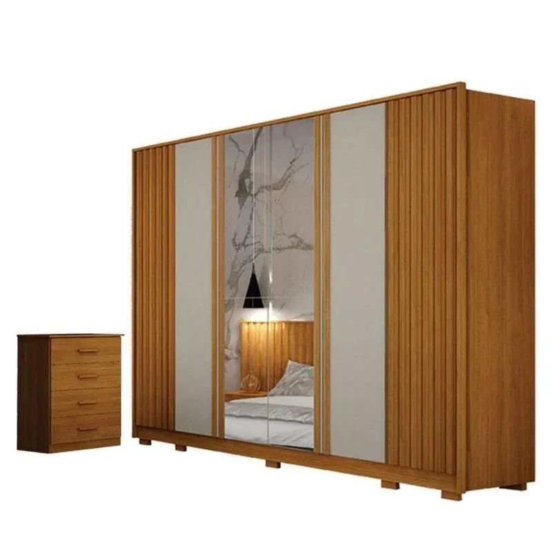Guarda Roupa Casal Evo 6 Portas Com Espelho Cinamomo E Off-white Com Cômoda Rubi 4 Gavetas Cinamomo - Leifer