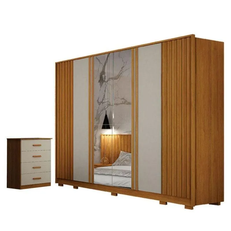 Guarda Roupa Casal Evo 6 Portas Com Espelho Cinamomo E Off-white Com Cômoda Rubi 4 Gavetas Cinamomo Off-white - Leifer