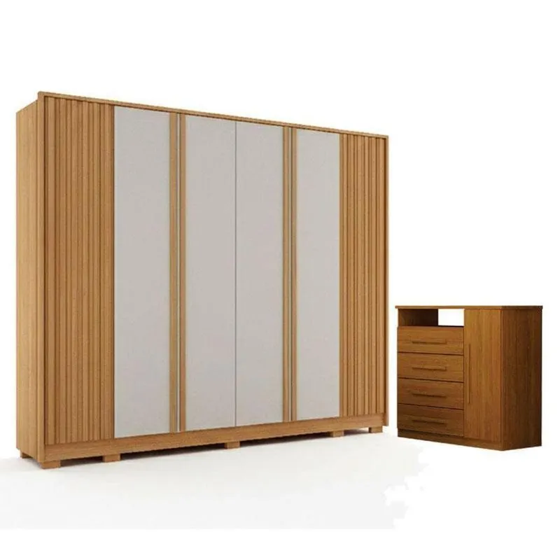 Guarda Roupa Casal Evo 6 Portas Cinamomo E Off-white Com Cômoda Diamante 4 Gavetas 1 Porta Cinamomo - Leifer