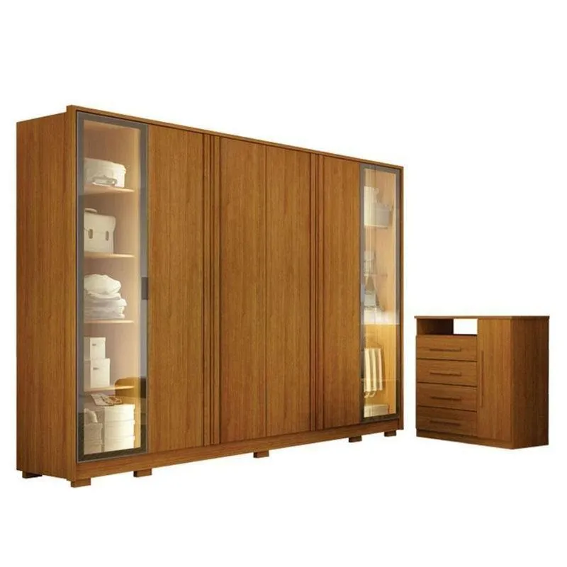 Guarda Roupa Casal Prime 6 Portas Com Led Cinamomo Com Cômoda Diamante 4 Gavetas 1 Porta Cinamomo - Leifer