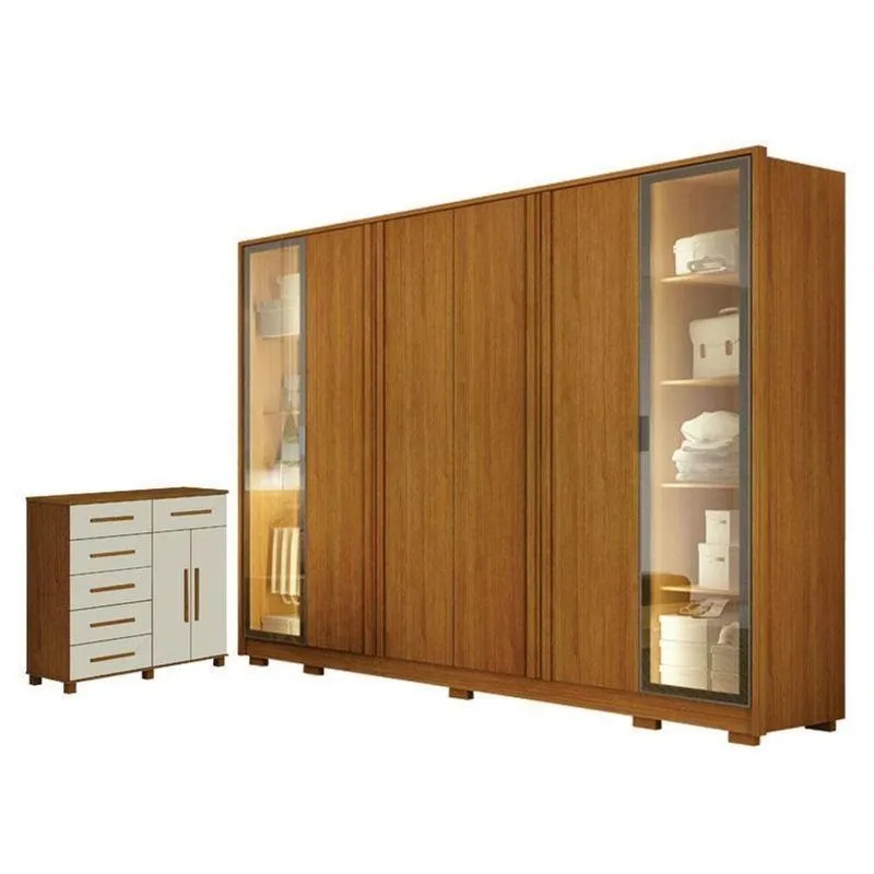 Guarda Roupa Casal Prime 6 Portas Com Led Cinamomo Com Cômoda São Paulo 6 Gavetas 2 Portas Cinamomo Off-white - Leifer