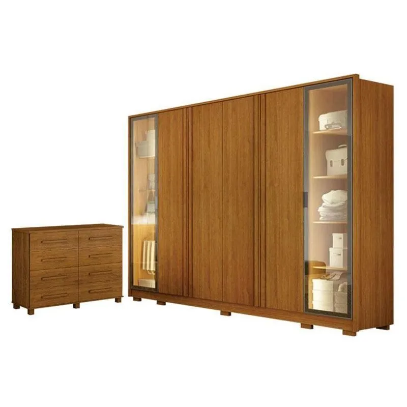 Guarda Roupa Casal 6 Portas Com Led Cinamomo Com Cômoda San Marino 8 Gavetas Cinamomo Leifer