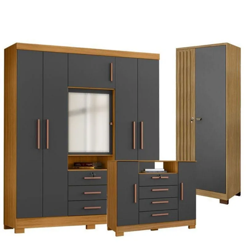 Guarda Roupa Casal Imperial Com Cômoda Madri E Armário Multiuso Versatile Carvalho Americano Grafite - Incorplac