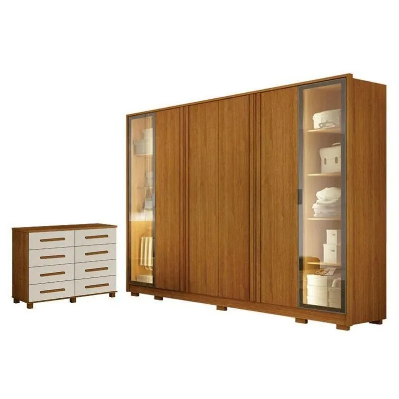 Guarda Roupa Casal Prime 6 Portas Com Led Cinamomo Com Cômoda San Marino 8 Gavetas Cinamomo Off-white - Leifer