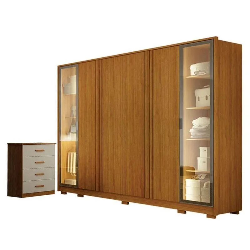 Guarda Roupa Casal Prime 6 Portas Com Led E Cômoda Rubi 4 Gavetas Cinamomo Off-white Leifer