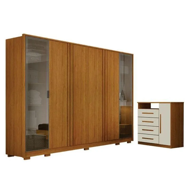Guarda Roupa Casal Prime 6 Portas Com Cômoda Diamante 4 Gavetas 1 Porta Cinamomo Off White - Leifer