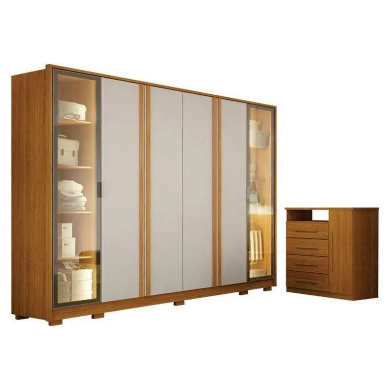 Guarda Roupa Casal Prime 6 Portas Com Led Off White Com Cômoda Diamante 4 Gavetas 1 Porta Cinamomo - Leifer